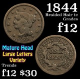 1844 Mature Head, Lg Letters Braided Hair Large Cent 1c Grades f, fine