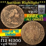***Auction Highlight*** 1794 Liberty Cap Flowing Hair large cent 1c Graded vg+ By USCG (fc)