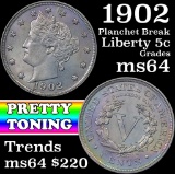 1902 Pretty toning; planchet break Liberty Nickel 5c Grades Choice Unc
