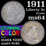 1911. Color! Liberty Nickel 5c Grades Choice Unc