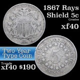 1867 Rays Shield Nickel 5c Grades xf