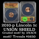 ANACS 2010-p First Day of Issue Shield Lincoln Cent 1c Graded ms67 RD by ANACS