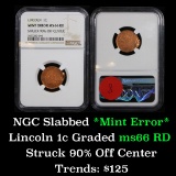 NGC No Date Mint Error 'struck 90% off center' Lincoln Cent 1c Graded ms66 RD by NGC