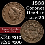 1833 Coronet Head Large Cent 1c Grades vf++