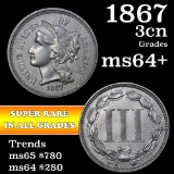 1867 Three Cent Copper Nickel 3cn Grades Choice+ Unc (fc)