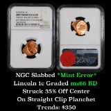 NGC No Date Mint Error 'Struck 35% off center, Straight Clip Planchet' Lincoln 1c Graded ms66 RD
