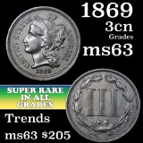 1869 Three Cent Copper Nickel 3cn Grades Select Unc (fc)