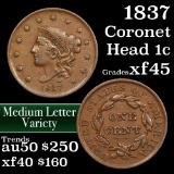 1837 Coronet Head Large Cent 1c Grades xf+