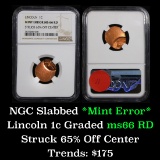NGC No Date Mint Error 'struck 65% off center' Lincoln Cent 1c Graded ms66 RD by NGC