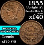 1855 upright 5's Braided Hair Large Cent 1c Grades xf
