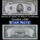 ***STAR NOTE 1934C $5 Blue Seal Silver certificate Grades vf++