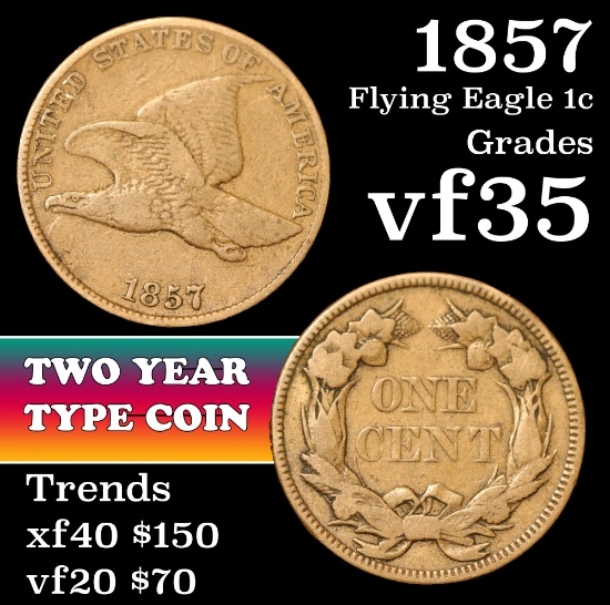 1857 Flying Eagle Cent 1c Grades vf++