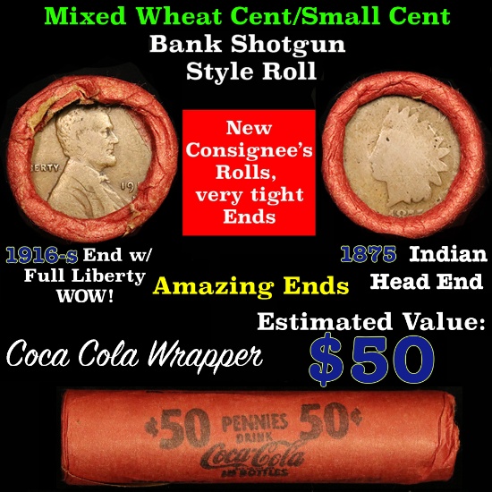 Lincoln Wheat cents 1c orig shotgun roll, 1916-s one end, 1875 Indian cent other end