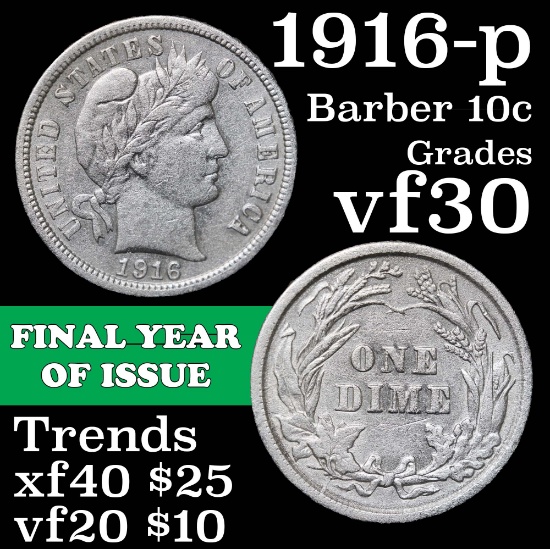 1916-p Barber Dime 10c Grades vf++