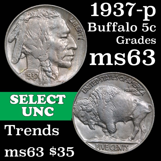 1937-p Buffalo Nickel 5c Grades Select Unc