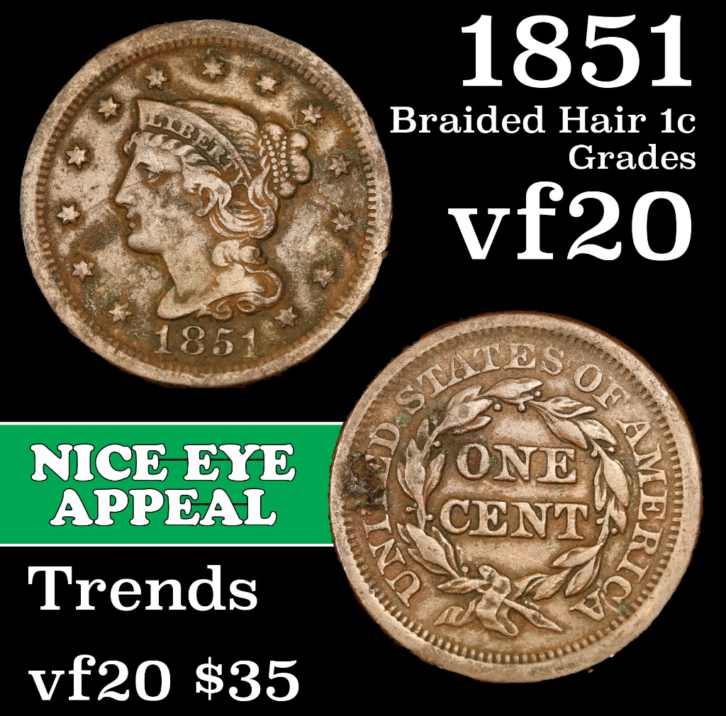 1851 Braided Hair Large Cent 1c Grades vf, very fine