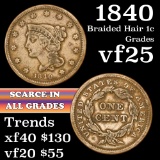 1840 Braided Hair Large Cent 1c Grades vf+