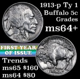 1913-p Ty I Buffalo Nickel 5c Grades Choice+ Unc