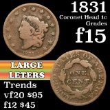 1831 Coronet Head Large Cent 1c Grades f+