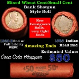 Lincoln Wheat cents 1c orig shotgun roll, 1920-d one end, 1888 Indian cent other end