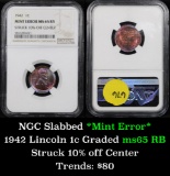 NGC 1942-p Struck 10% off center Mint Error Lincoln Cent 1c Graded ms65 RB by NGC