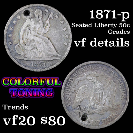1871-p Seated Half Dollar 50c Grades vf details