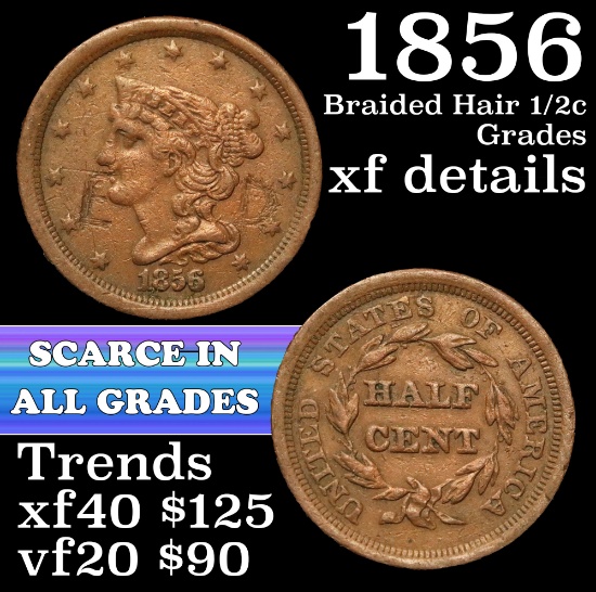 1856 Braided Hair Half Cent 1/2c Grades xf details