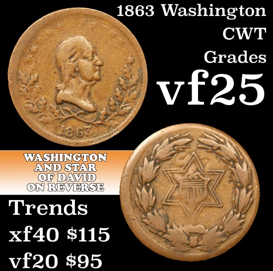 1863 Washington Civil War Token 1c Grades vf+