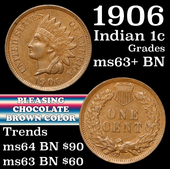 1906 Indian Cent 1c Grades Select+ Unc BN