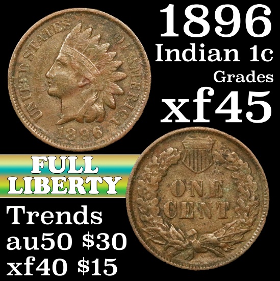 1896 Indian Cent 1c Grades xf+