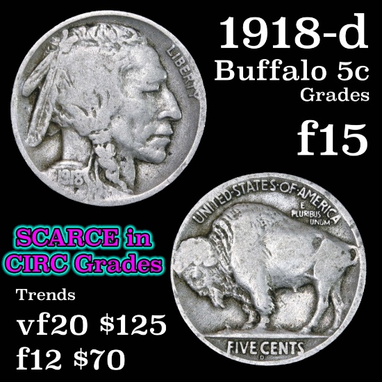 1918-d Buffalo Nickel 5c Grades f+