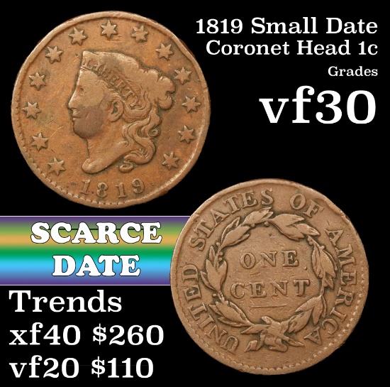 1819 Small Date Coronet Head Large Cent 1c Grades vf++