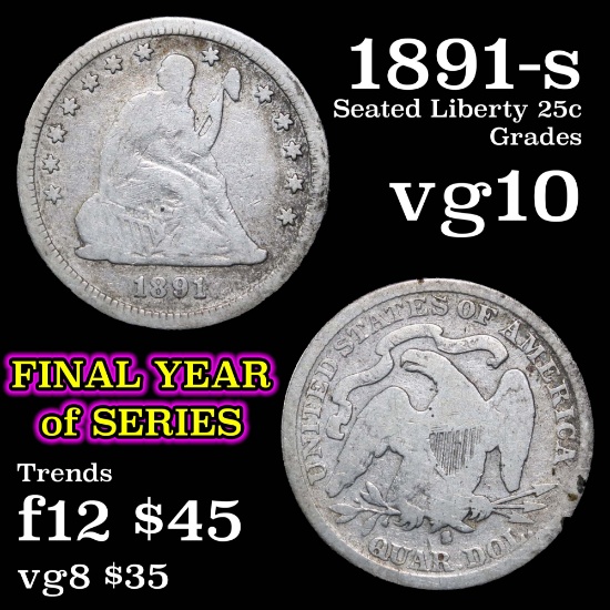 1891-s Seated Liberty Quarter 25c Grades vg+