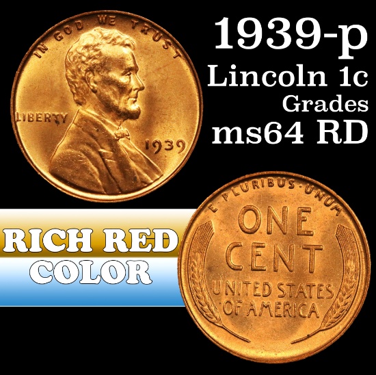 1939-p Lincoln Cent 1c Grades Choice Unc RD