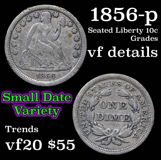 1856-p Seated Liberty Dime 10c Grades vf details