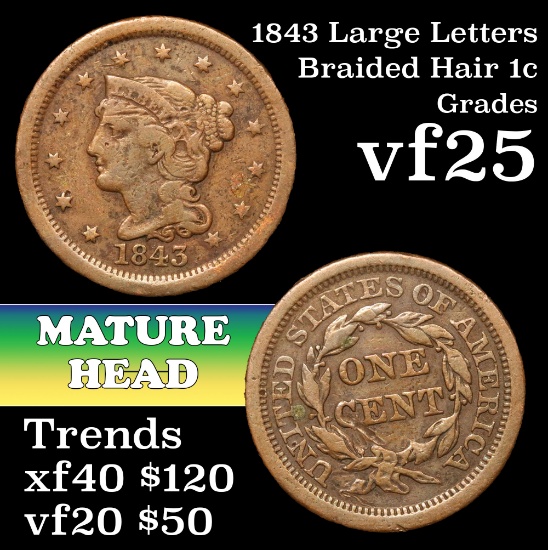 1843 Mature Head, Large Letters Braided Hair Large Cent 1c Grades vf+