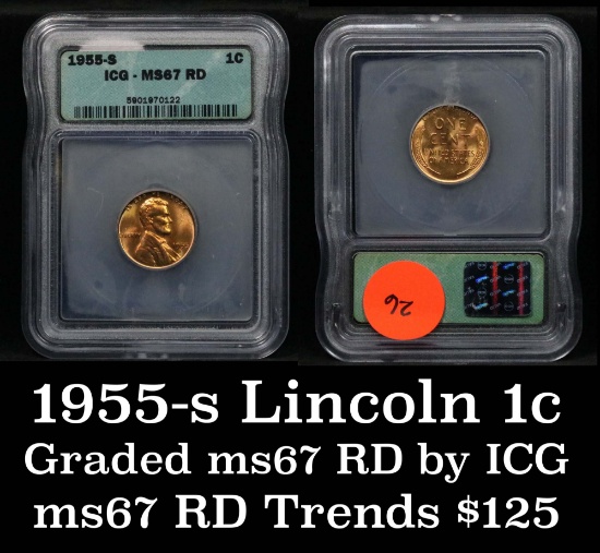 1955-s Lincoln Cent 1c Graded ms67 RD by ICG