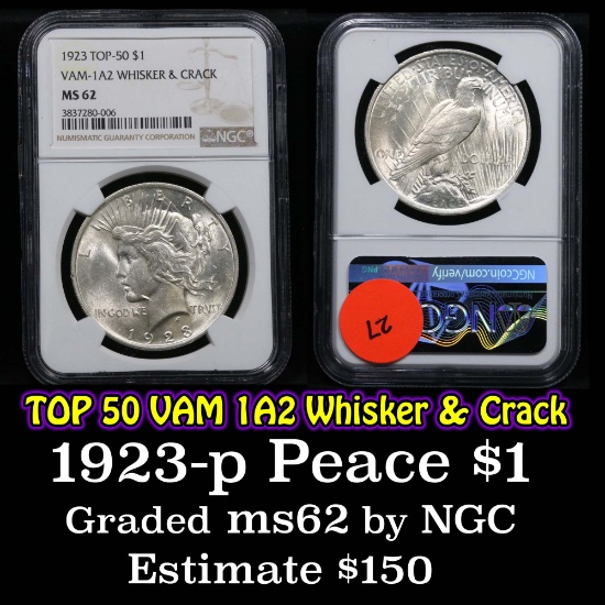 NGC 1923-p Top 50, Vam 1A2 'Whisker & Crack' Peace Dollar $1 Graded ms62 by NGC