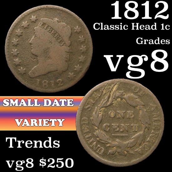 1812 Classic Head Large Cent 1c Grades vg, very good