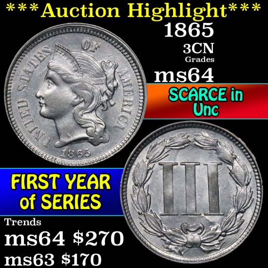 1865 Three Cent Copper Nickel 3cn Grades Choice Unc (fc)
