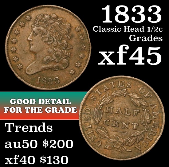 1833 Classic Head half cent 1/2c Grades xf+