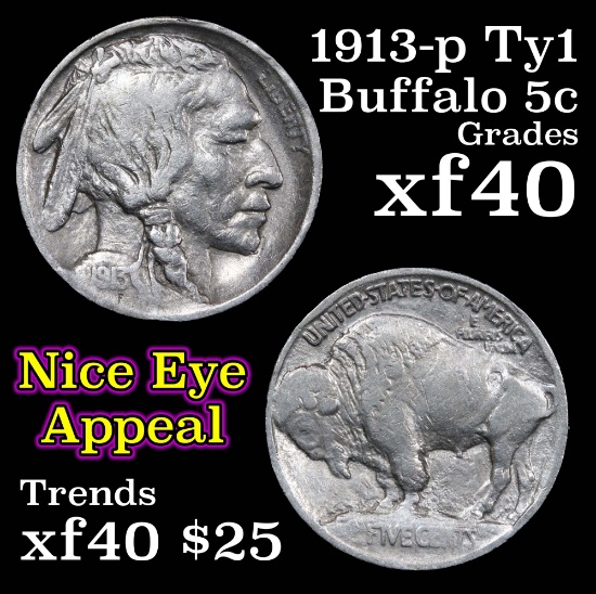 1913-p Ty I Buffalo Nickel 5c Grades xf
