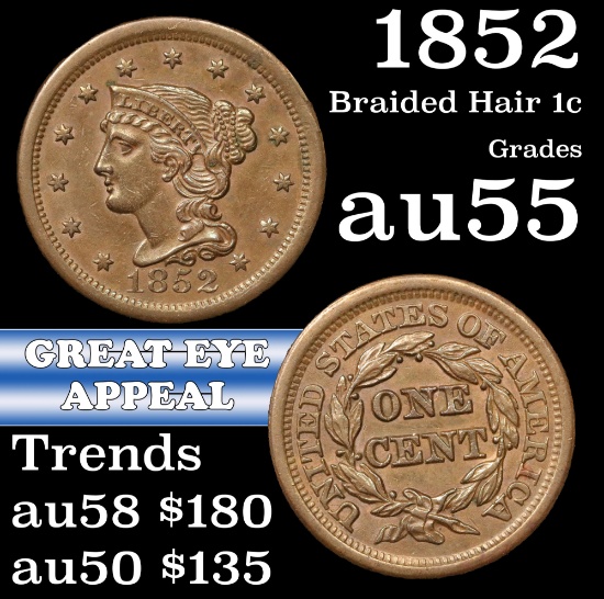 1852 Braided Hair Large Cent 1c Grades Choice AU