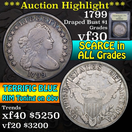 ***Auction Highlight*** 1799 Draped Bust Dollar $1 Graded vf++ by USCG (fc)