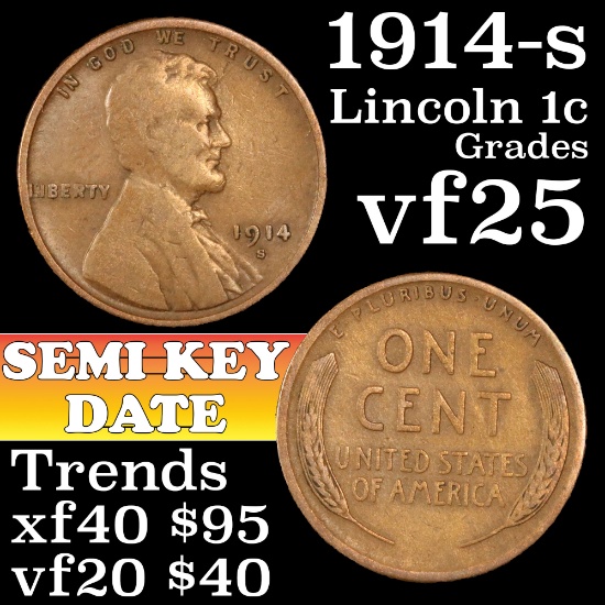 1914-s Lincoln Cent 1c Grades vf+