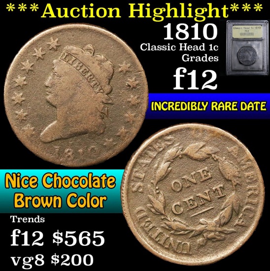 ***Auction Highlight*** 1810 Classic Head Large Cent 1c Graded f, fine By USCG (fc)