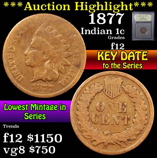***Auction Highlight*** 1877 Indian Cent 1c Graded f, fine By USCG (fc)