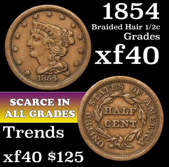 1854 Braided Hair Half Cent 1/2c 1