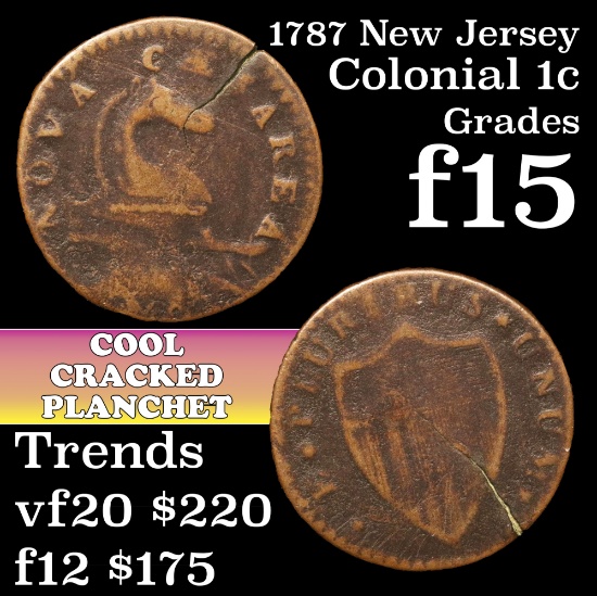1787 New Jersey Colonial Cent 1c Grades f+