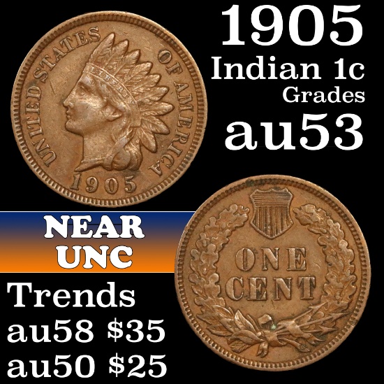 1905 Indian Cent 1c Grades Select AU